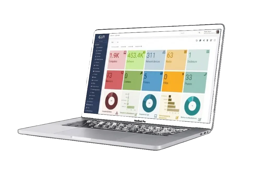 Notebook com painel GLPI de gestão de ativos e chamados